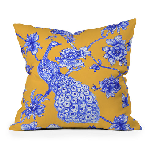 Jacqueline Maldonado Chinoserie Peacock Yellow Throw Pillow