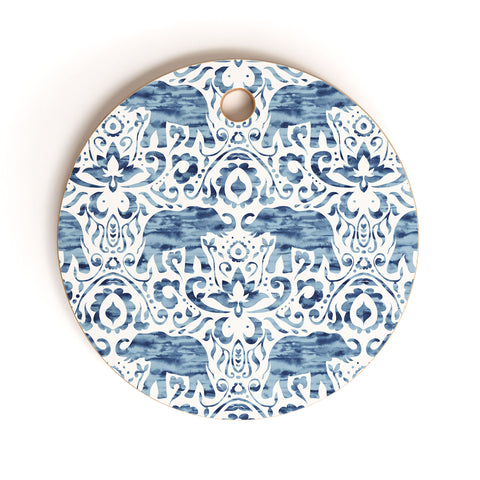 Jacqueline Maldonado Elephant Damask Watercolor Blue Cutting Board Round