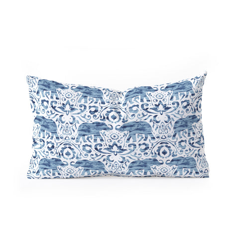 Jacqueline Maldonado Elephant Damask Watercolor Blue Oblong Throw Pillow