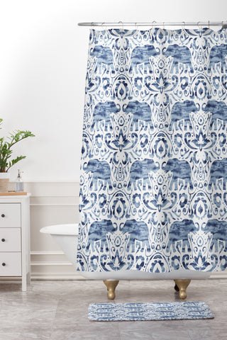 Jacqueline Maldonado Elephant Damask Watercolor Blue Shower Curtain And Mat