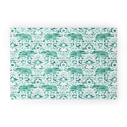 Jacqueline Maldonado Elephant Damask Watercolor Green Welcome Mat