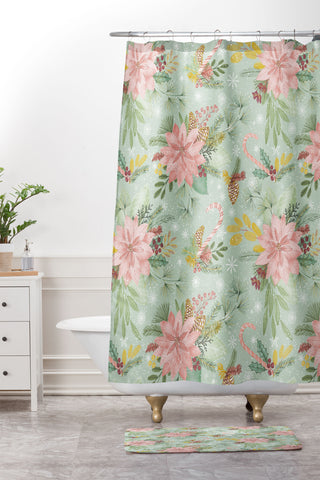 Jacqueline Maldonado Festive Floral Green Shower Curtain And Mat