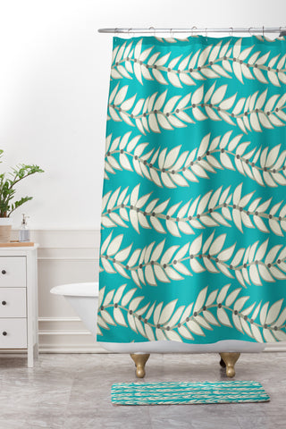 Jacqueline Maldonado Leaf Dot Stripe Teal Shower Curtain And Mat
