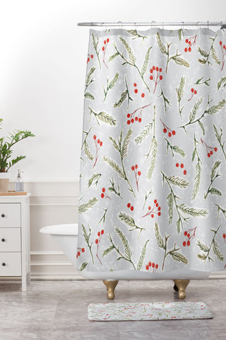 Jacqueline Maldonado Pine and Berries Cool Grey Shower Curtain And Mat