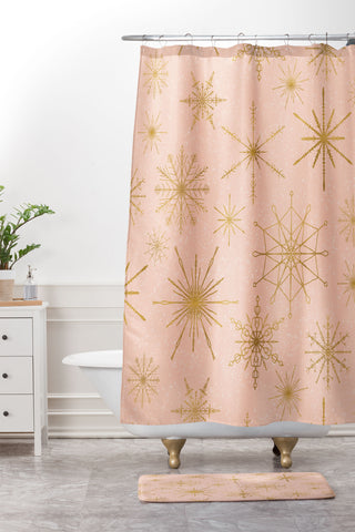 Jacqueline Maldonado Snowflakes Gold Peach Shower Curtain And Mat