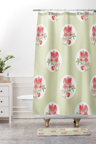 Jacqueline Maldonado Vintage Floral Dot On Dot Green Shower Curtain And Mat