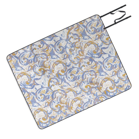 Jacqueline Maldonado Vintage Lace Watercolor Blue Gold Picnic Blanket