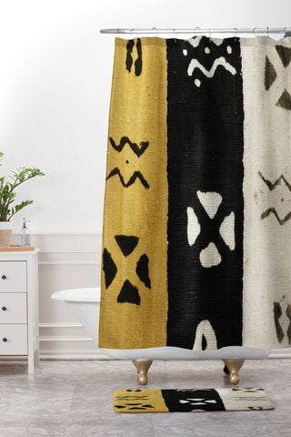 Jalah Black White and Yellow Mud Cloth Shower Curtain And Mat