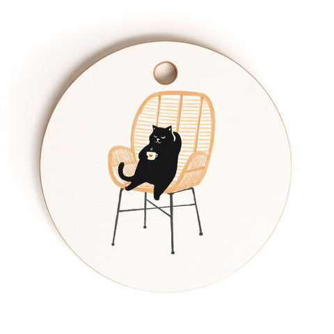 Jimmy Tan Lazy cat 2 enjoying coffee Cutting Board Round