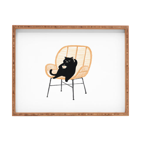 Jimmy Tan Lazy cat 2 enjoying coffee Rectangular Tray