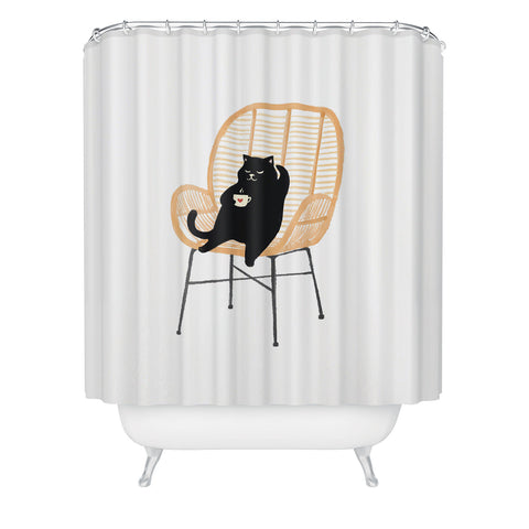 Jimmy Tan Lazy cat 2 enjoying coffee Shower Curtain