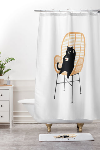 Jimmy Tan Lazy cat 2 enjoying coffee Shower Curtain And Mat