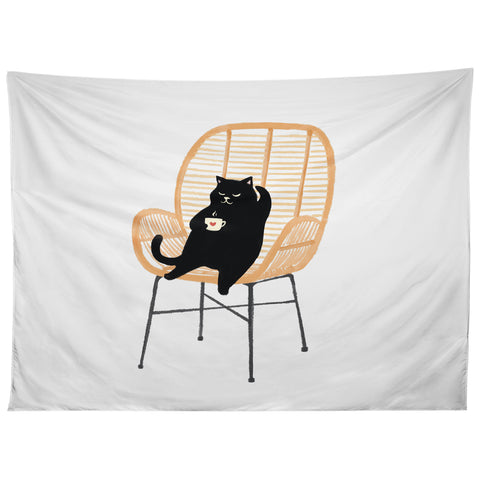 Jimmy Tan Lazy cat 2 enjoying coffee Tapestry