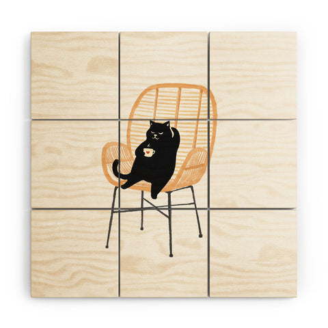 Jimmy Tan Lazy cat 2 enjoying coffee Wood Wall Mural