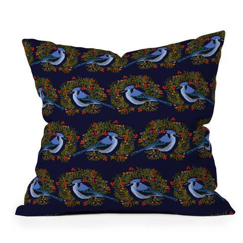 Joy Laforme Christmas Blue Jay Wreaths Throw Pillow