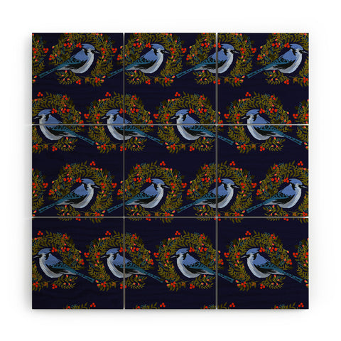 Joy Laforme Christmas Blue Jay Wreaths Wood Wall Mural
