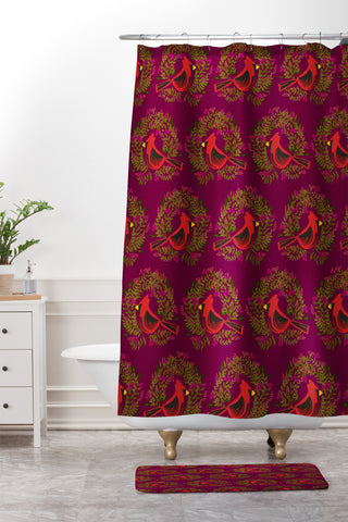 Joy Laforme Christmas Cardinal Wreaths Shower Curtain And Mat
