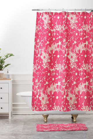 Joy Laforme Floral Rainforest In Coral Pink Shower Curtain And Mat