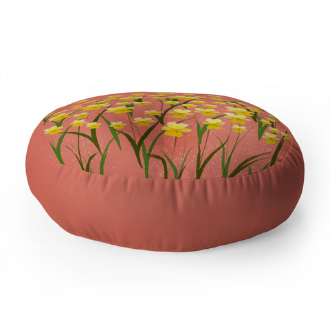 Joy Laforme Pansies in Gold and Coral Floor Pillow Round