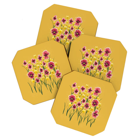 Joy Laforme Pansies in Pink and Chartreuse Coaster Set