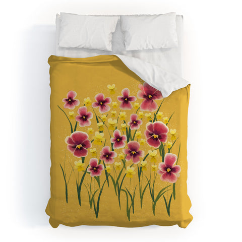 Joy Laforme Pansies in Pink and Chartreuse Duvet Cover