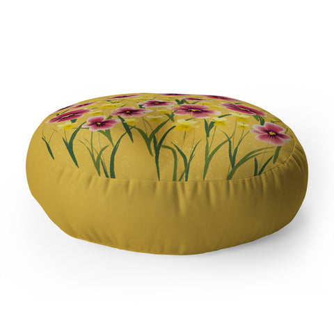 Joy Laforme Pansies in Pink and Chartreuse Floor Pillow Round