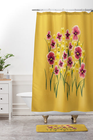 Joy Laforme Pansies in Pink and Chartreuse Shower Curtain And Mat