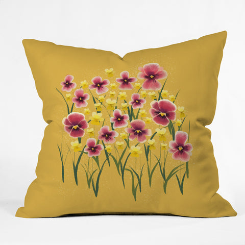 Joy Laforme Pansies in Pink and Chartreuse Outdoor Throw Pillow