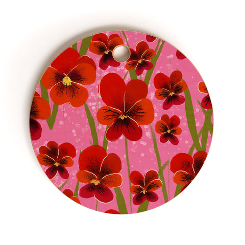 Joy Laforme Pansies in Red and Pink Cutting Board Round