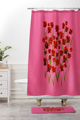 Joy Laforme Pansies in Red and Pink Shower Curtain And Mat
