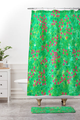 Joy Laforme Tropical Wild Blooms In Green Shower Curtain And Mat