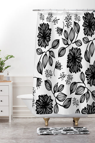 Julia Da Rocha Blk Flores Shower Curtain And Mat