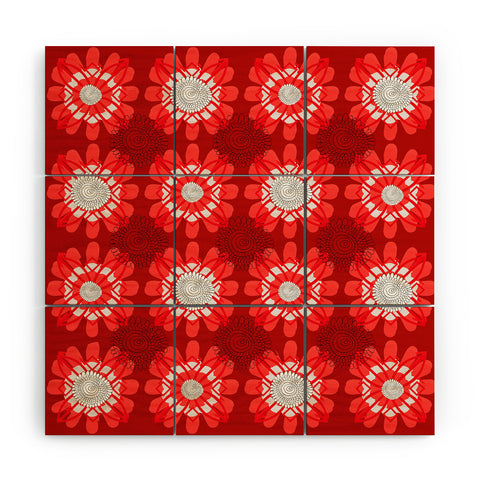 Julia Da Rocha Retro Red Flowers Wood Wall Mural