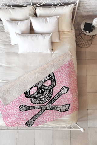 Julia Da Rocha Skull N Roses Fleece Throw Blanket