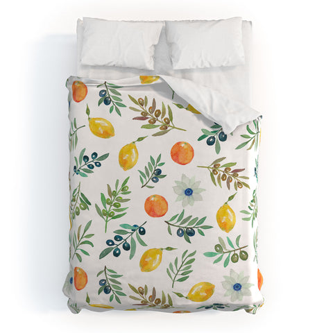 Julia Madoka Lemon Orange and Olive Mediterranean Duvet Cover