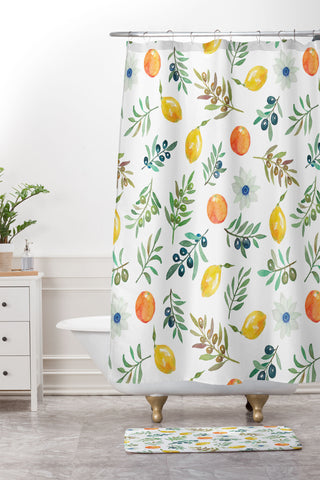 Julia Madoka Lemon Orange and Olive Mediterranean Shower Curtain And Mat