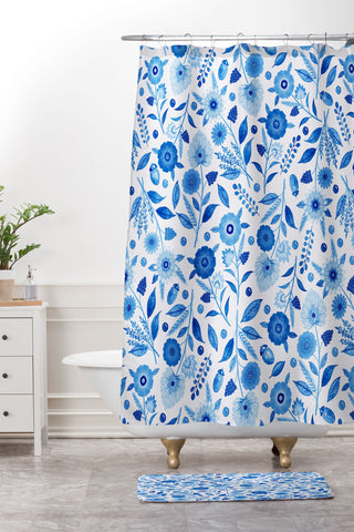 Julia Madoka Sky Blue Folk Florals Shower Curtain And Mat