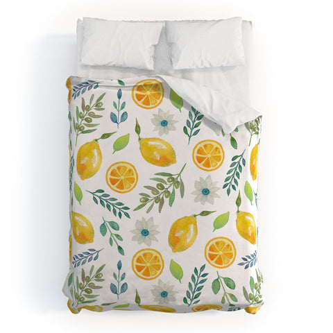 Julia Madoka Watercolor Lemons and Olives Duvet Cover