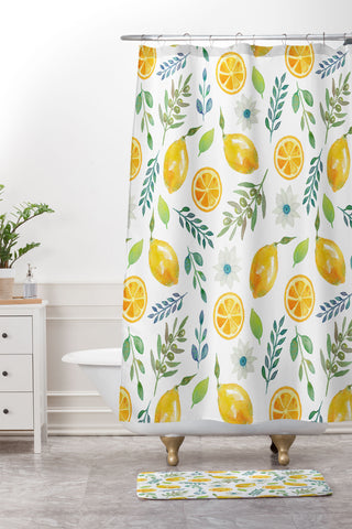 Julia Madoka Watercolor Lemons and Olives Shower Curtain And Mat