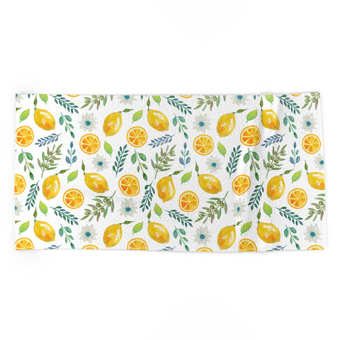 Julia Madoka Watercolor Lemons and Olives Beach Towel