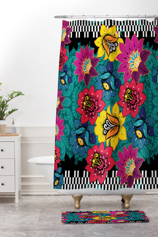 Juliana Curi Black Graphic Flower Shower Curtain And Mat