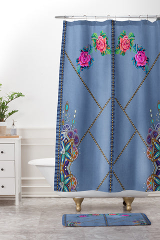 Juliana Curi Denim Embroided Shower Curtain And Mat