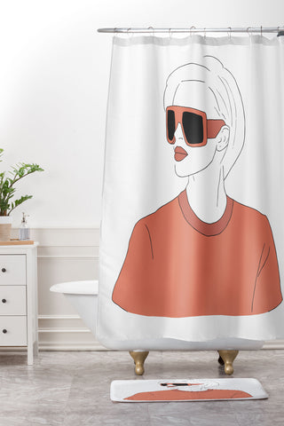 June Journal Boho Girl Line Drawing Shower Curtain And Mat