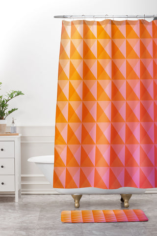 June Journal Geometric Gradient in Pink Shower Curtain And Mat