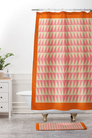 June Journal Pink and Orange Triangles Shower Curtain And Mat