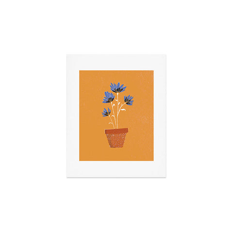 justin shiels blue flowers on orange background Art Print