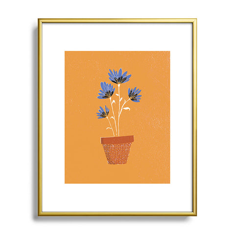 justin shiels blue flowers on orange background Metal Framed Art Print