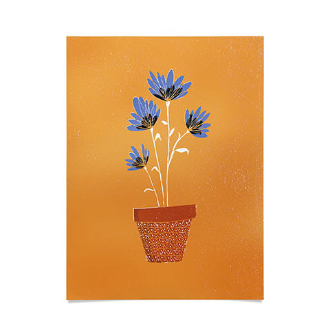 justin shiels blue flowers on orange background Poster