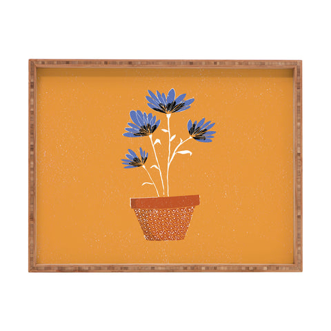 justin shiels blue flowers on orange background Rectangular Tray