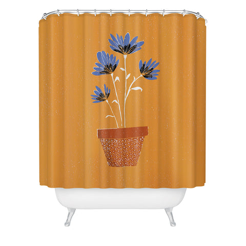 justin shiels blue flowers on orange background Shower Curtain